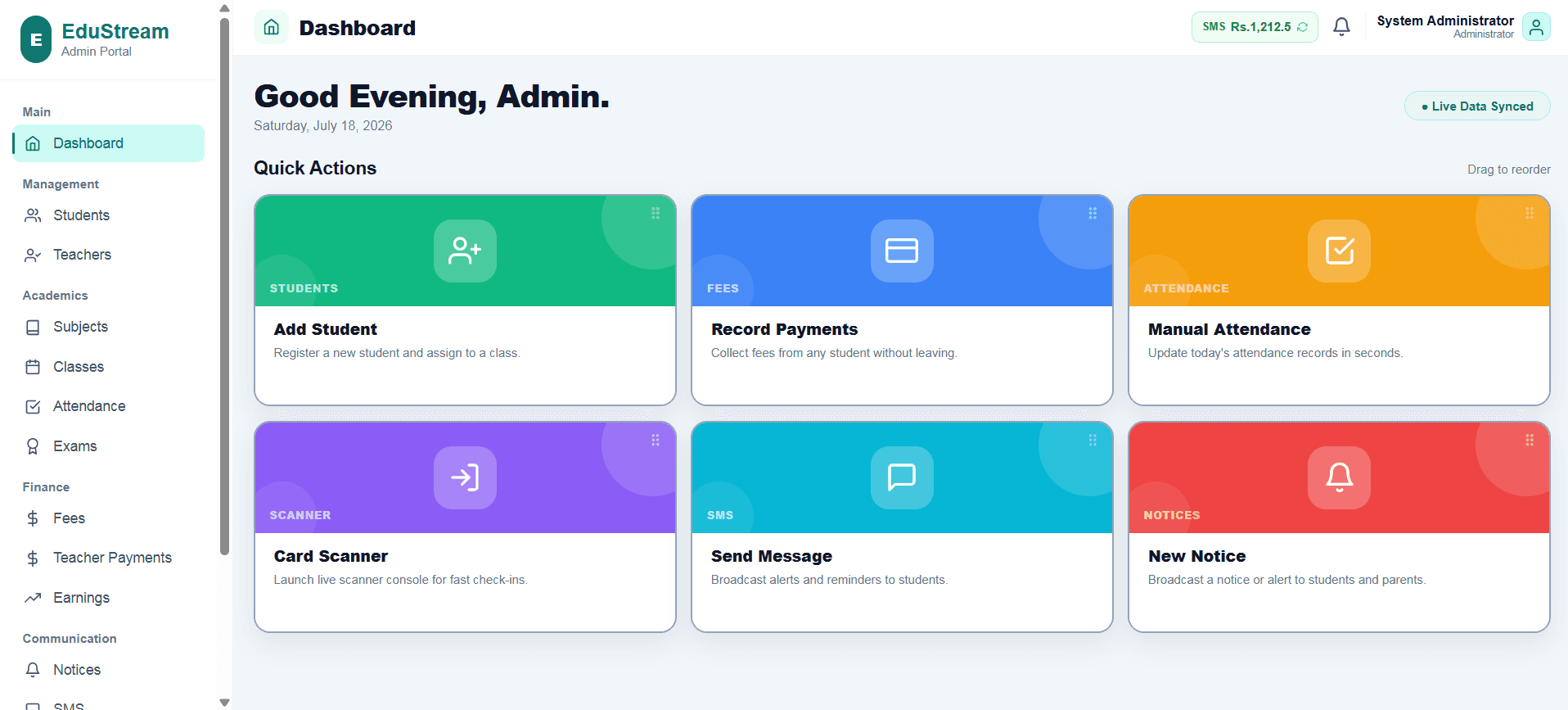 EduStream admin dashboard showing quick actions, fee collection and attendance stats